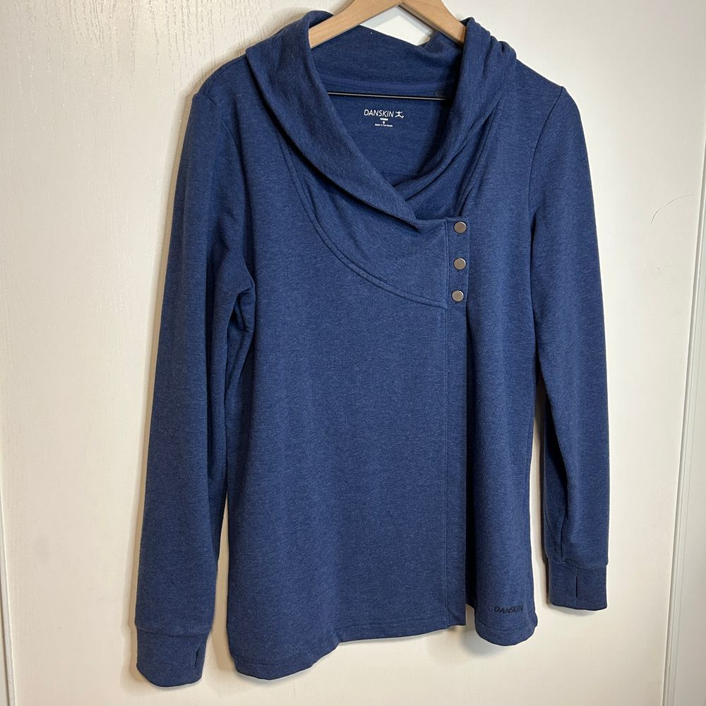 Danskin Navy Blue Cowl Neck Pullover Athleisure Top with Thumb Holes A65